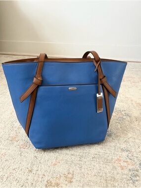 CHAPS Royal Blue Pebbled Faux Leather Large Tote Bag Handbag Purse Brown Trim